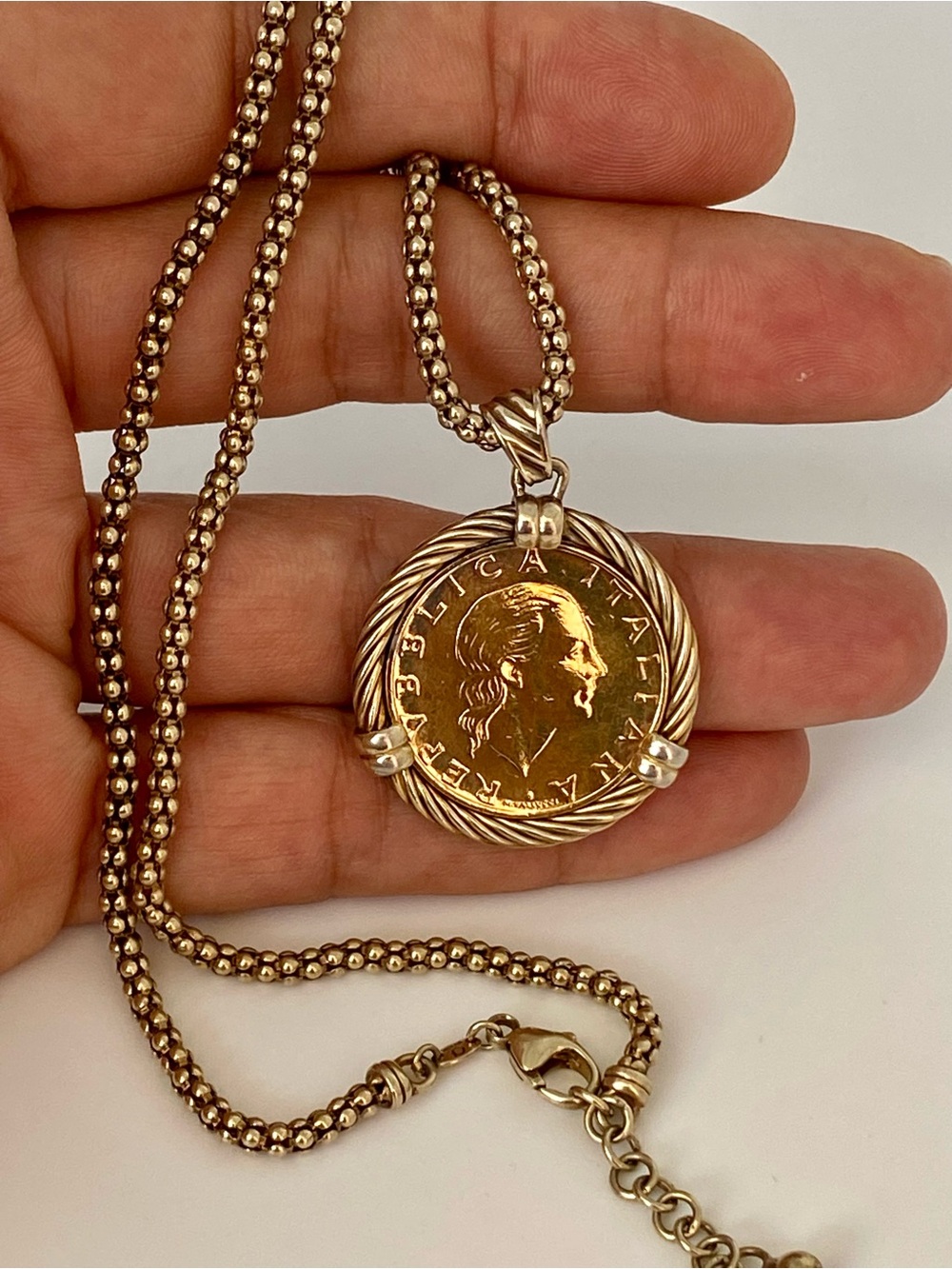 925 Sterling Italy Coin Necklace, Lagos Style Caviar Popcorn